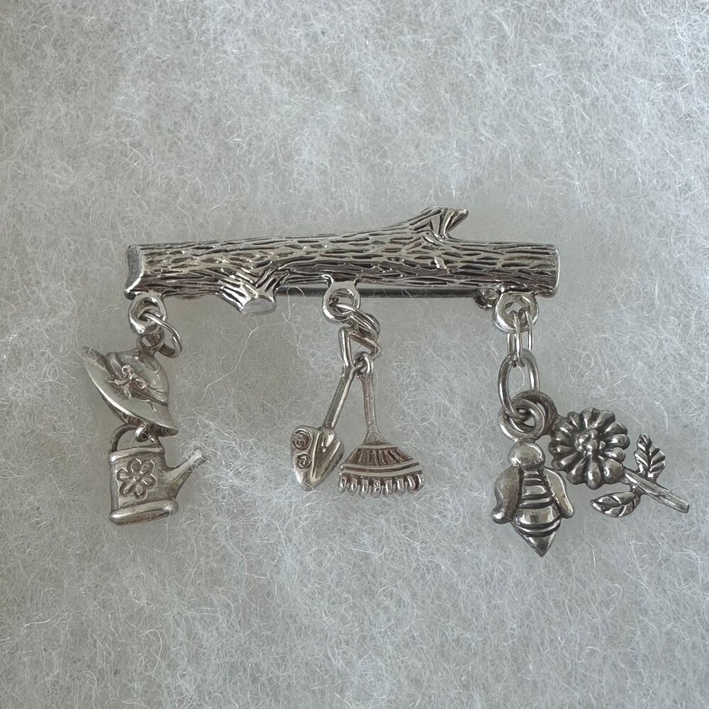 Vintage Silver Gardening Charms Brooch Pin